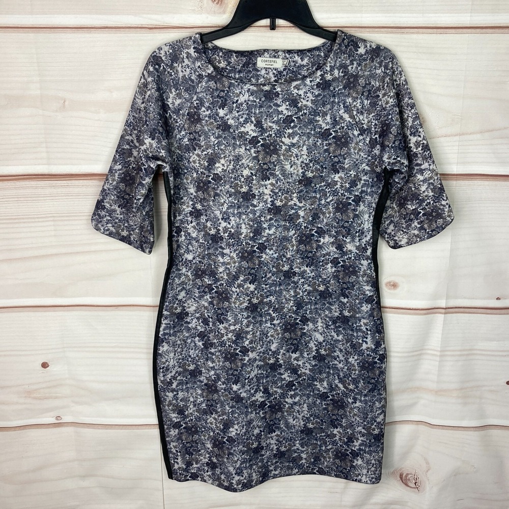 Cortefiel Dress‎ Womens M Gray Floral Sheath Round Neck Pullover Mini Stretch